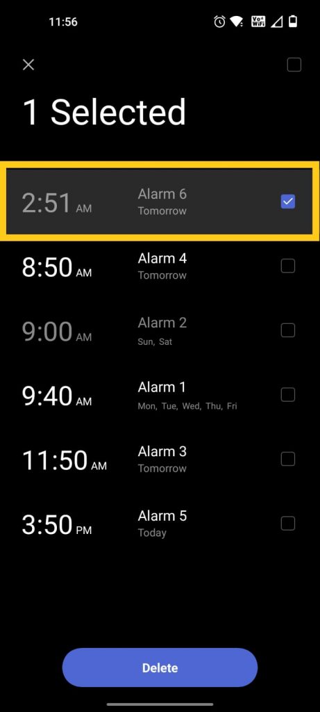 select alarms in android